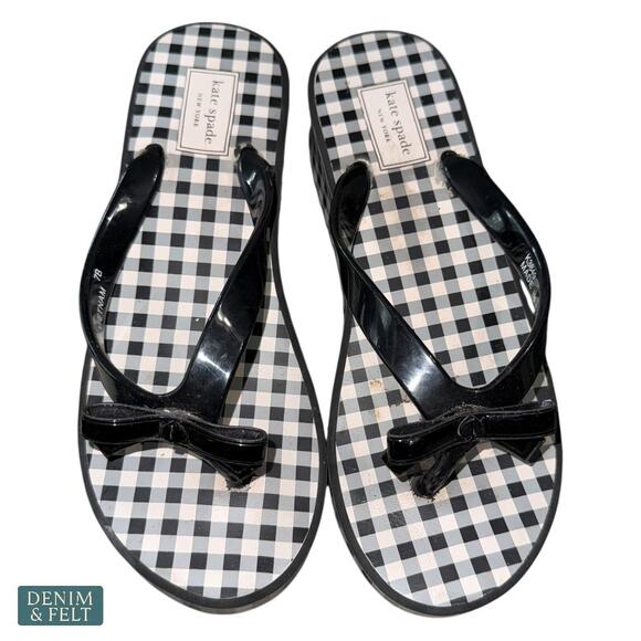 Kate Spade Rina Wedge Flip Flops Black Gingham Bow Sandals Size 7B Women’s - Picture 5 of 14
